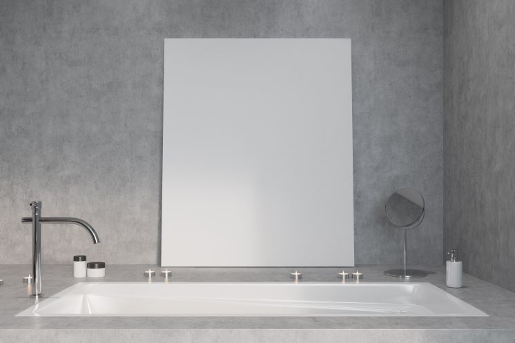 szara nowoczesna łazienka z wanną wpuszczoną w podłogę