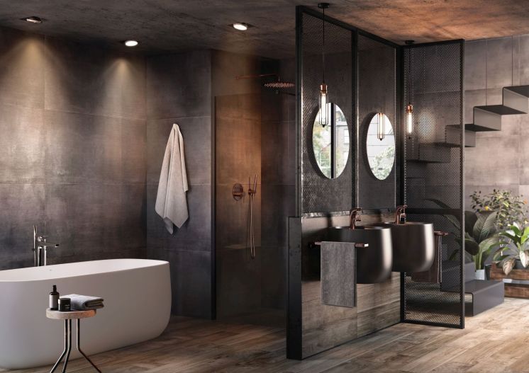 aranżacja industrialnej łazienki w szarości