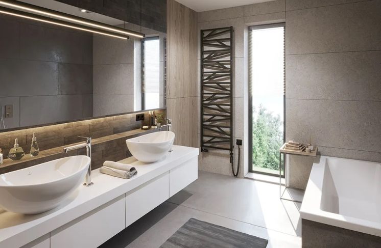 dekoracyjny czarny grzejnik w nowoczesnej łazience