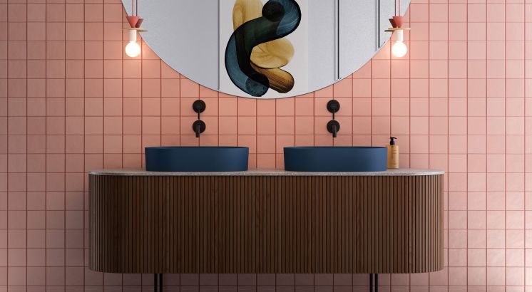 dwie granatowe umywalki nablatowe 