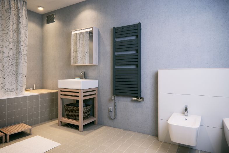 szara łazienka z zielonym grzejnikiem