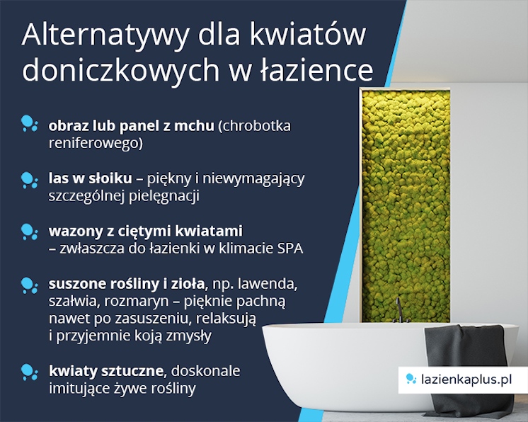 Alternatywy dla kwiatów doniczkowych w łazience: panel z mchu, las w słoiku, wazony z ciętymi kwiatami, suszone rośliny i zioła, kwiaty sztuczne - infografika