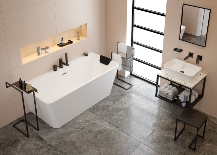 deante aranzacja kremowej lazienki z ciemnymi dodatkami