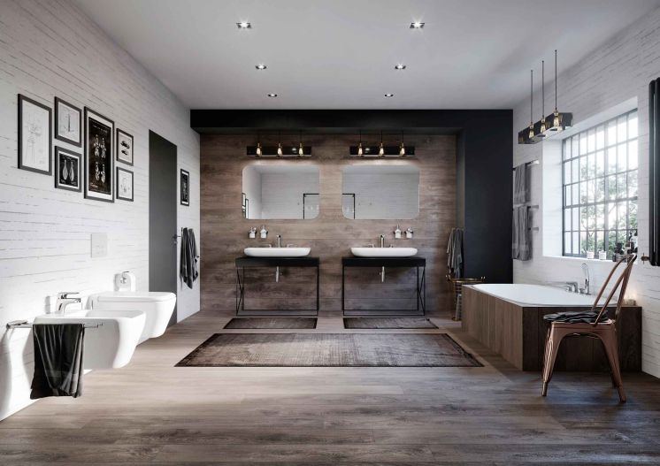 łazienka w stylu loft z drewnianymi scianami
