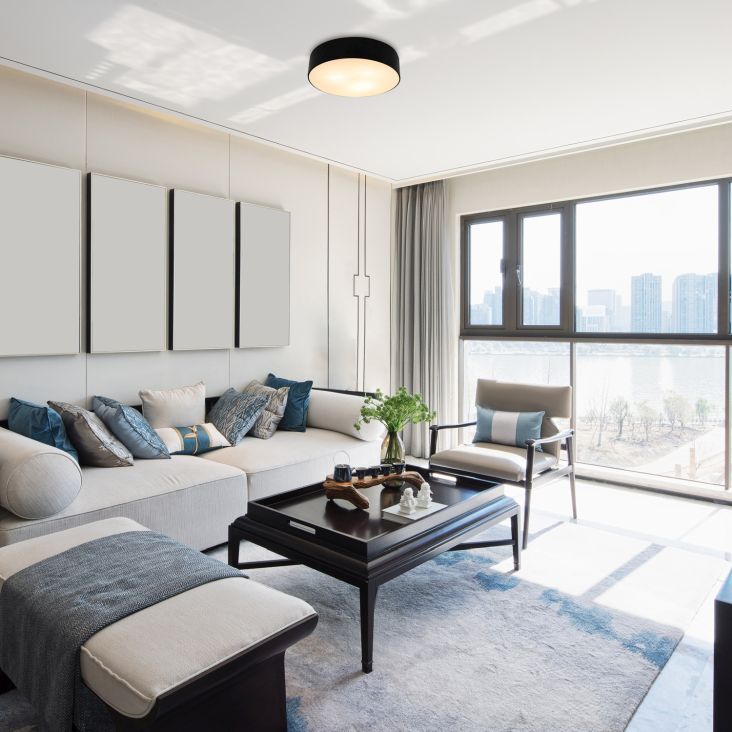 duży salon z oknem i oświeltelniem plafon