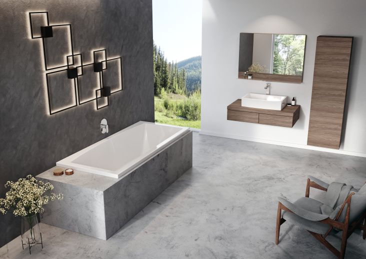 szara łazienka w stylu skandynawskim z wanną prostokątną w zabudowie